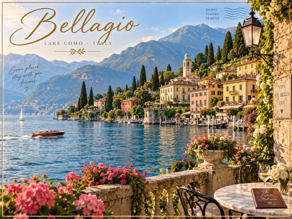 A vintage-style postcard of Bellagio on Lake Como: pastel villas along the shore, a wooden motorboat on the water, geraniums and a café table on a terrace.