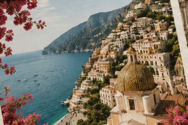 Positano stacked above the sea, a majolica dome and bougainvillea in the foreground.