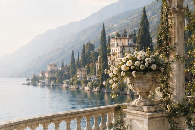 Villas and cypresses along the shore of Lake Como, white roses spilling from a stone urn.