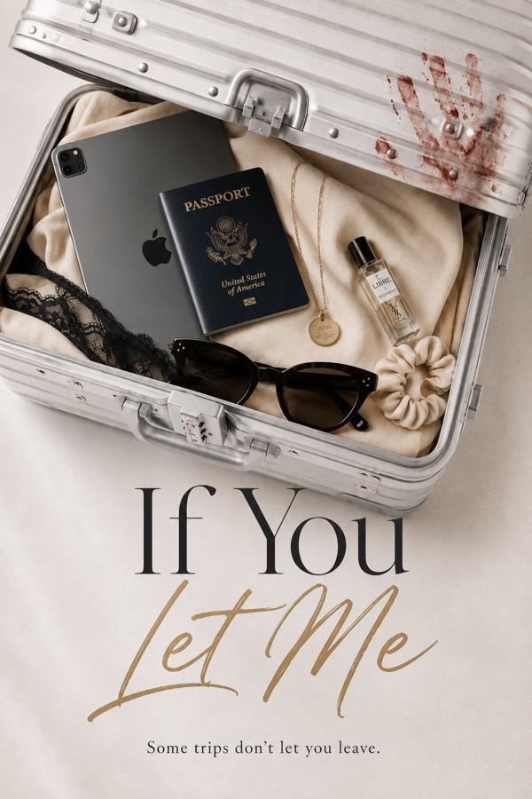 Cover of If You Let Me: an open silver travel case holding a passport, black lace, a gold Capri pendant, sunglasses and perfume, with a bloodied handprint across the lid. Below, the title and the line 'Some trips don't let you leave.'