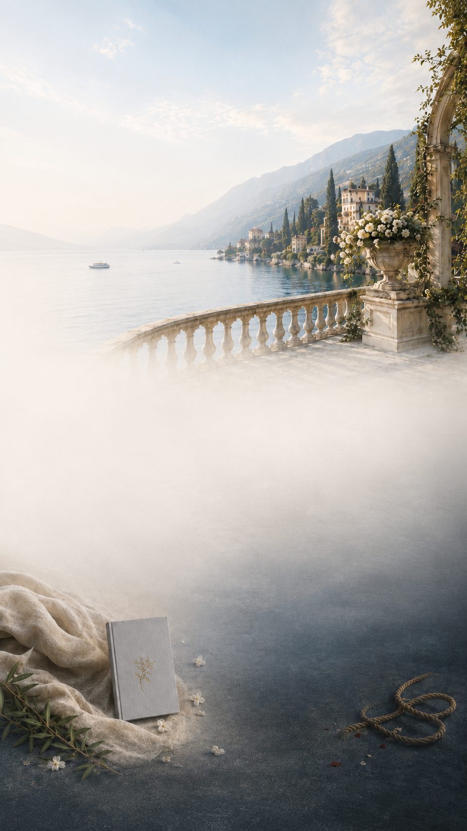 A marble terrace above Lake Como at first light, white roses spilling from a stone urn, the water pale and still beyond the balustrade.